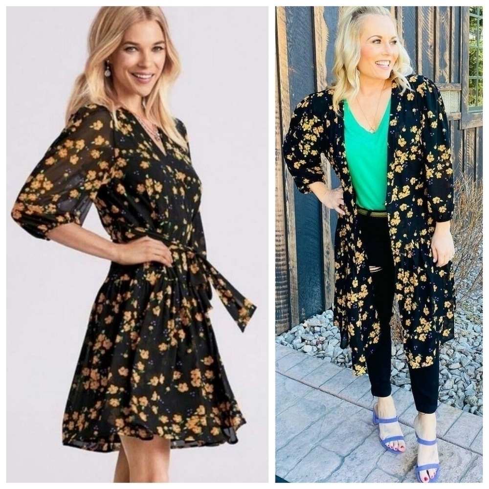 Cabi Black Floral Debut 2 In 1 Dress / Kimono